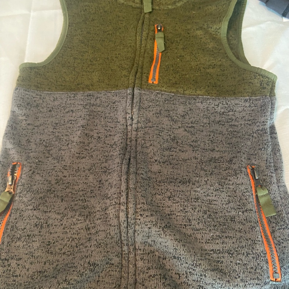 Cat & Jack Olive Green and Heather Green Zip-Front Fleece Vest with Orange Logo